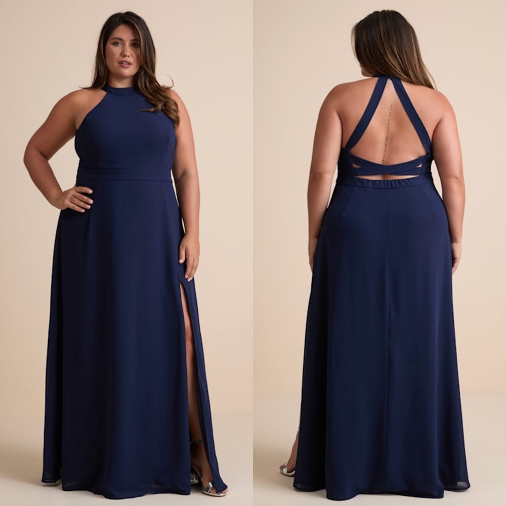 LULUS Navy Sleeveless Halter Neck Crisscross Open Back Side Slit Formal Gown L‎